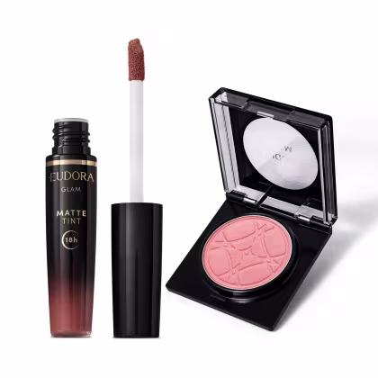Imagem do produto Combo Glam: Blush em Pó Pêssego Peach Bellini 5g + Batom Líquido Marrom Nude Icônico 4g