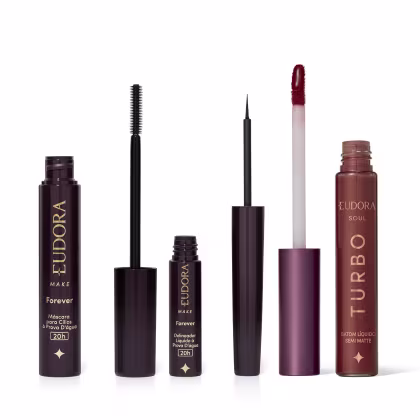 Imagem do produto Combo Eudora Make: Batom Líquido Rosa Pink Turbinado 5ml + Máscara Cílios Forever 8g + Delineador Líquido Forever 3ml
