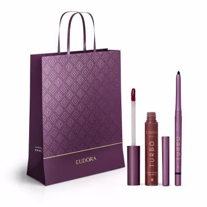 Imagem do produto Combo Eudora Make: Batom Líquido Marrom Turbo Soul 5ml + Lapiseira Retrátil Para Olhos Preta Turbo Soul 350mg + Sacola