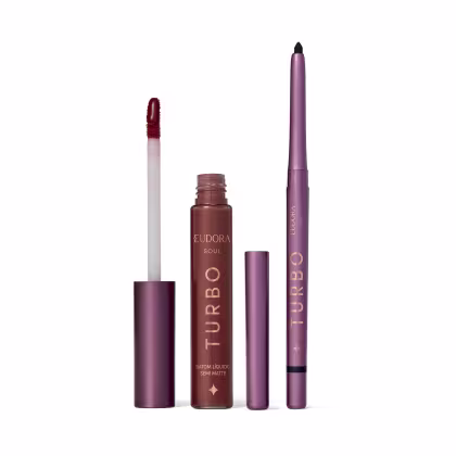 Imagem do produto Combo Eudora Make: Batom Líquido Marrom Turbo Soul 5ml + Lapiseira Retrátil Para Olhos Preta Turbo Soul 350mg