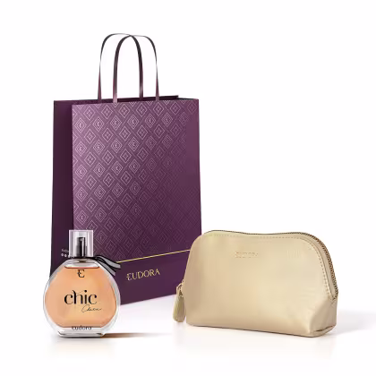 Imagem do produto Combo Desodorante Colônia Chic Chérie 95ml + Nécessaire Dourado Arredondado Eudora Collection + Sacola