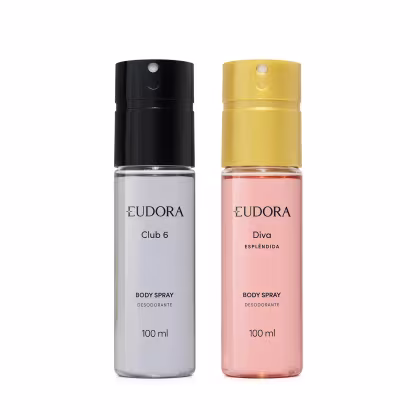 Dois frascos de desodorante em spray da marca Eudora, sendo um na cor preta chamado "Club 6" e outro na cor rosa chamado "Diva Esplêndida", ambos com 100 ml de capacidade.