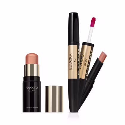 Imagem do produto Combo Eudora Glam: Batom Micro Plump Avelã Magnífico 1,8g + Iluminador Stick Golden 5g