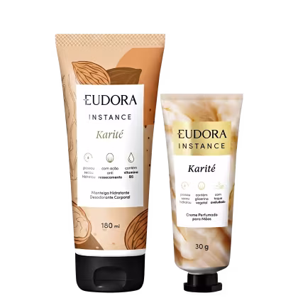 Dois produtos de beleza da marca Eudora Instance: um creme hidratante corporal em tubo de 180 ml e um creme perfumado para mãos em tubo de 30 g, ambos com embalagens em tons de laranja e branco destacando o ingrediente Karité.