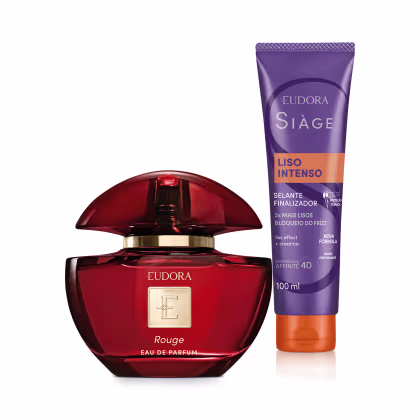 Frasco de perfume Eudora Rouge em vermelho e embalagem de creme finalizador Eudora Siage Liso Intenso em roxo e laranja, ambos com logotipo da marca.