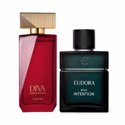 Dois frascos de perfumes da marca Eudora: "Diva Esplendida" em vermelho e dourado, e "Bold Intention" em preto e verde escuro.