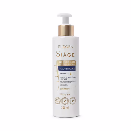 Shampoo Eudora Siàge Dermohair com embalagem branca de 300ml com bomba dosadora dourada. Texto destaca shampoo sem sulfato que elimina caspa visível e oleosidade, com ação multidimensional contra queda, descamação e alívio da coceira.