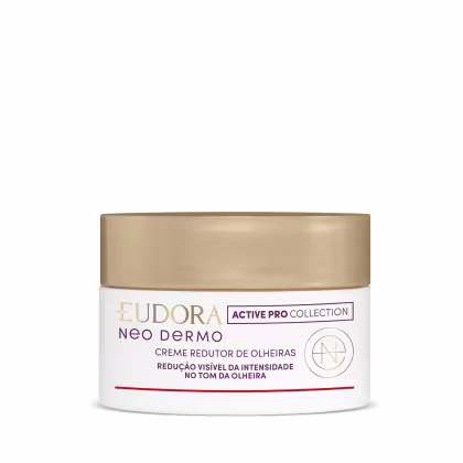 Creme redutor de olheiras Neo Dermo da linha Active Pro Collection da marca Eudora. Embalagem plástica branca com tampa dourada. Rótulo com texto em vermelho e preto, destacando "Redução visível da intensidade no tom da olheira".