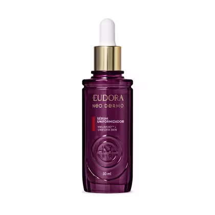 Sérum uniformizador de pele Eudora Neo Dermo em frasco de vidro roxo de 30ml. Texto em tom dourado e branco e aplicador conta-gotas.