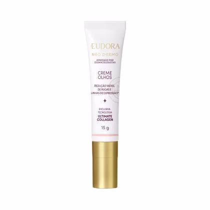 O produto apresentado é um creme para os olhos da linha Neo Dermo da marca Eudora. A embalagem é um tubo branco com detalhes dourados, contendo 15 g do produto.