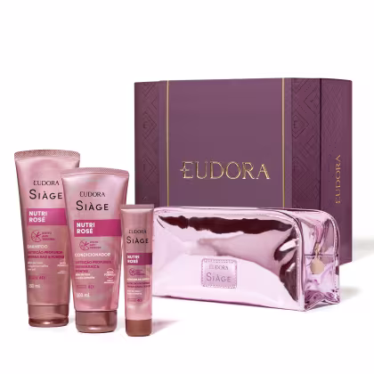 Kit da Eudora Siàge com:
01 Shampoo Siàge Nutri Rosé 250ml
01 Condicionador Siàge Nutri Rosé 200ml
01 Máscara De Reparação Siàge Nutri Rosé 50g
01 Siàge Nécessaire Rosa Metalizado