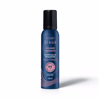 Frasco de mousse capilar volumizador da linha Siàge, com embalagem azul escuro e detalhes em rosa, contendo 150 ml do produto. O rótulo indica "Volume Imediato" e "Ação Anti-Afunamento".