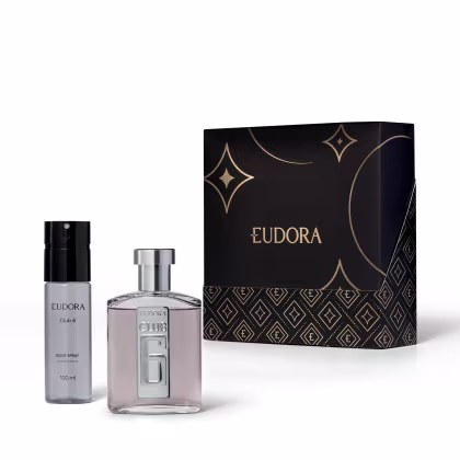 Conjunto de produtos de beleza da marca Eudora, incluindo um frasco do Desodorante Colônia Club 6 e do Body Spray da mesma linha. Junto, uma caixa preta com detalhes dourados indicando que é um kit presente de dia dos namorados.