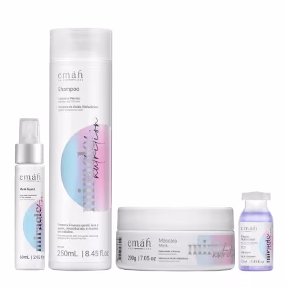Emáh Hair Care: Shampoo, Máscara, Mask Liquid e Mini Repair em embalagens brancas e coloridas, com rótulos indicando os produtos e seus benefícios.