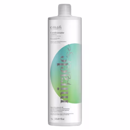 Condicionador Emáh Hair Care em frasco branco com rótulo verde e azul, contendo 1L do produto. Destaca o sistema de ácido hialurônico e blend purificante para revitalizar os cabelos.