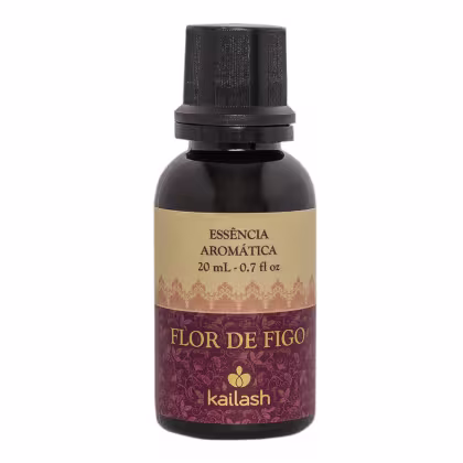 Frasco de essência aromática Flor de Figo da marca Kailash, com 20 mL de conteúdo. O rótulo apresenta um padrão decorativo em tons de roxo e dourado.