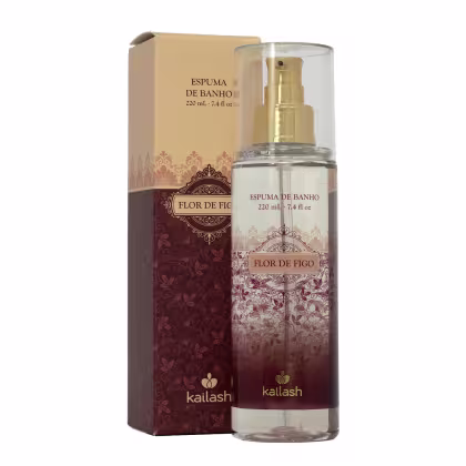 Espuma de banho Flor de Figo da marca Kailash, em frasco transparente com bomba doseadora e rótulo dourado, embalado em caixa com padrão floral em tons de marrom.