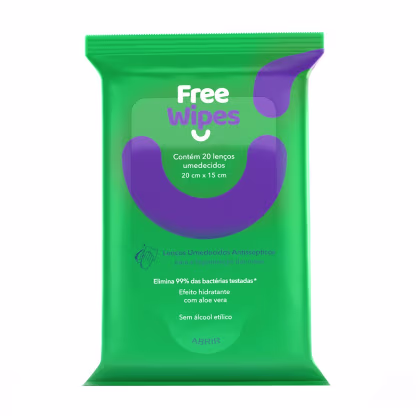 Lenços Umedecidos Antissépticos Free Wipes, 20 unidades.