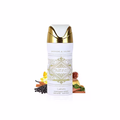 Frasco de desodorante Lattafa "Honor & Glory" com design elegante em branco e dourado, contendo 200 ml de produto perfumado.