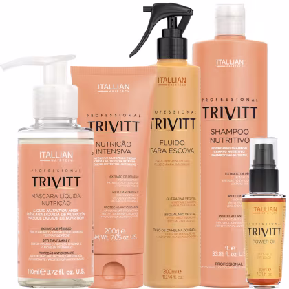 Produtos de cuidados capilares da marca Itallian Hairtech da linha Trivitt. Inclui shampoo 1l, creme de nutrição de 200g, máscara líquida de de 110ml, fluido para escova de 300ml e óleo capilar de 30ml.