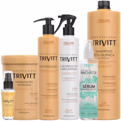 A imagem mostra uma linha de produtos para cabelos da marca Itallian Hairtech. Os produtos incluem shampoo pós-química, tratamento de cauterização, creme hidratante intensivo, reparador de pontas, sérum remineralizante e fluido de reparação.