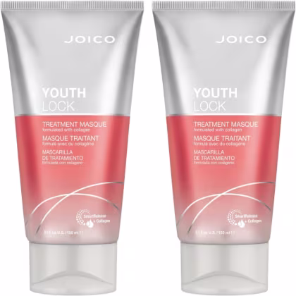 Dois tubos de tratamento capilar da marca Joico, com a embalagem na cor cinza e laranja, rotulados como "Youth Look Treatment Masque" e contendo colágeno em sua fórmula.