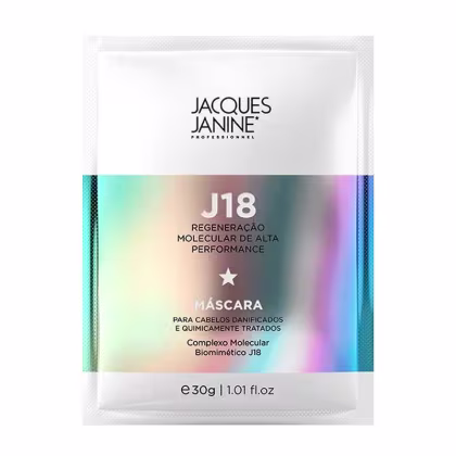 Máscara para cabelos danificados e quimicamente tratados da linha J18 da Jacques Janine Professionnel, com complexo molecular biomimético J18. Embalagem branca com detalhes em cores holográficas.