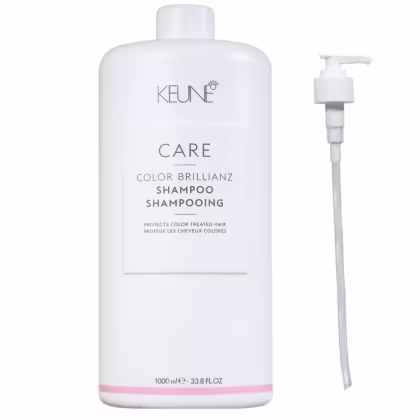 Frasco branco de 1000 ml da linha Care da Keune, contendo Shampoo Color Brillianz para proteção de cabelos coloridos. Rótulo com nome da marca e produto em destaque.