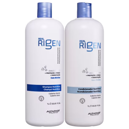 Kit com shampoo e condicionador Real Rigen, da marca Alfaparf Milano.