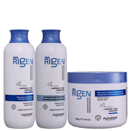 Kit com shampoo, condicionador e máscara capilar Real Rigen, da marca Alfaparf Milano.