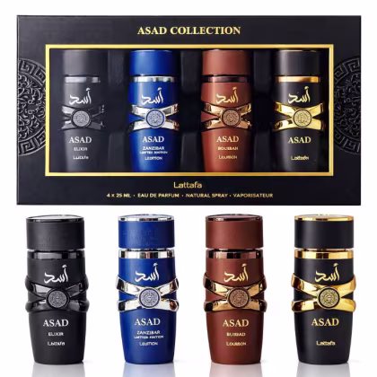 A coleção de perfumes Asad da Lattafa, composta por 4 frascos de 25ml cada, em embalagens pretas, azuis, marrons e douradas, com rótulos destacando os nomes dos perfumes: Elixir, Zanzibar, Bouban e Lattafa.