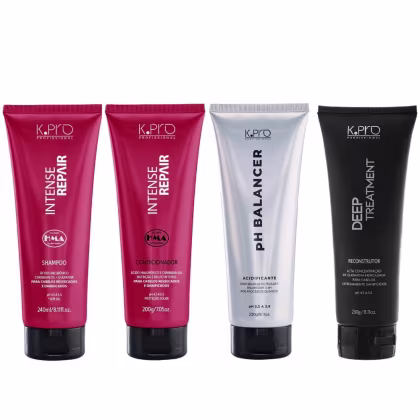 Kit com shampoo e condicionador da linha Intense Repair, da marca K.Pro.  Também acompanha acidificante pH Balancer e tratamento Deep Reconstructor, da mesma marca.