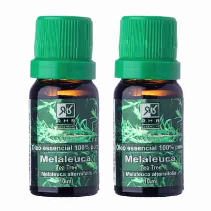 Dois frascos de óleo essencial de Melaleuca da RHR Cosméticos.