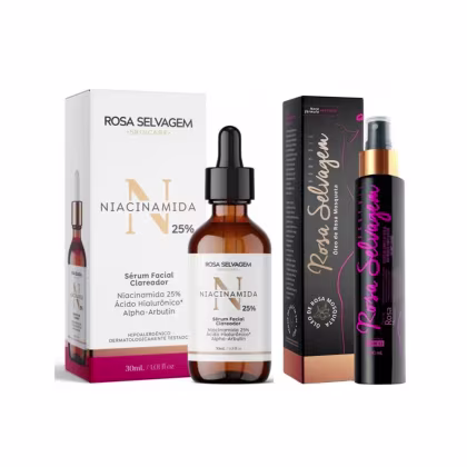 Produtos da marca Rosa Selvagem: sérum facial clareador com niacinamida 25%, ácido hialurônico e alpha-arbutina em frasco de 30 mL; e spray corporal com rosa selvagem em embalagem de 100 mL.