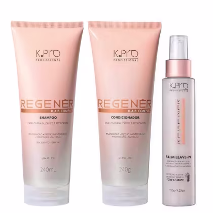Conjunto de produtos de cuidados capilares da marca K.pro, incluindo shampoo, condicionador e leave-in em embalagens de plástico e vidro nas cores rosa e branco.