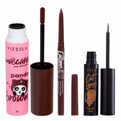Imagem do produto Kit Vizzela Máscara de Cílios No Panda Brown + Delineador Marrom + Lapiseira Marrom