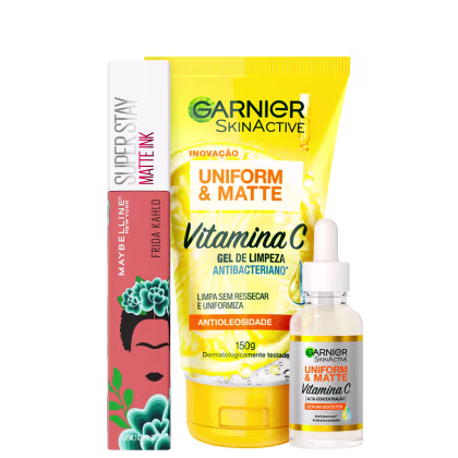 Imagem do produto Kit Beleza na Web Garnier Uniform & Matte Vitamina C & Maybelline Superstay Matte Ink Frida Kahlo (3 Produtos)