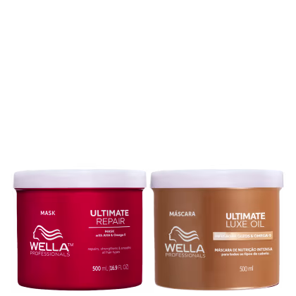 A imagem mostra as máscaras capilares Ultimate Repair à esquerda com um pote vermelho, tampas e detalhes em branco. Já à direita, tem a máscara capilar Ultimate Luxe Oil com um pote dourado tampas e detalhes em branco.