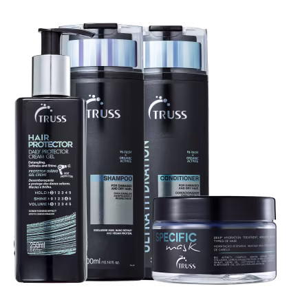 A imagem mostra quatro produtos de cuidados capilares da marca Truss. Há um frasco de leave-in, um de shampoo, um de condicionador e um pote com máscara capilar. Todas as embalagens são pretas e trazem detalhes em azul claro.