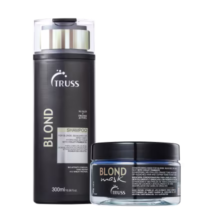 A imagem mostra dois produtos de cuidados capilares da marca Truss. O primeiro produto é um shampoo embalado em um frasco preto fosco de 300ml. O segundo produto é uma máscara de tratamento que vem em um pote transparente de 180g com rótulo preto.