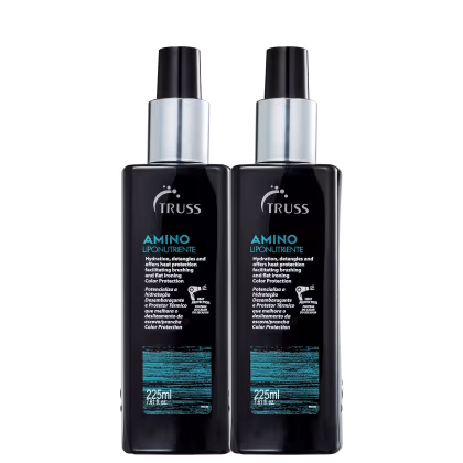 A imagem mostra dois frascos de protetores térmicos da marca Truss. Cada frasco contém 225ml do produto. As embalagens são pretas com detalhes em prata e azul. As informações sobre os benefícios do produto estão descritas em português.