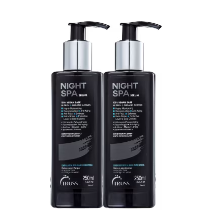 A imagem mostra dois frascos de um sérum capilar. São embalagens de plástico pretos com bombas dosadoras pratas. No rótulo, é destacado que o produto tem uma base 100% vegana, contendo ingredientes de alta tecnologia e ativos orgânicos.