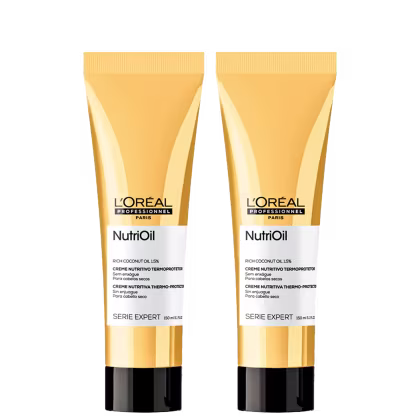 A imagem mostra dois tubos idênticos do leave-in da linha NutriOil da L'Oréal Professionnel. Os tubos possuem uma cor bege/dourado e detalhes em preto na parte inferior, trazendo o logotipo e informações sobre o produto em inglês e português.