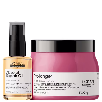 A imagem mostra um óleo capilar e uma máscara capilar. O óleo possui um frasco transparente de 30ml com aplicador spray e o líquido dourado. Já a máscara capilar vem em um pote de 500g rosa com a tampa preta.