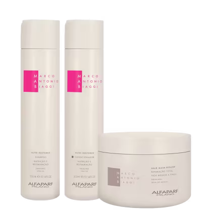 A imagem mostra kit do shampoo e condicionador Nutri Restore de 300ml cada em dois frascos cilíndricos brancos com detalhes em rosa; e máscara Repair Mask de 300g em um pote branco com detalhes em cinza, todos da marca MAB by Alfaparf Milano.