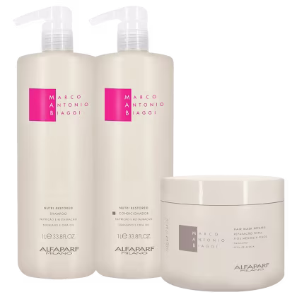 A imagem mostra kit do shampoo e condicionador Nutri Restore de 1 litro cada em dois frascos cilíndricos brancos com detalhes em rosa; e máscara Repair Mask de 500g em um pote branco com detalhes em cinza, todos da marca MAB by Alfaparf Milano.