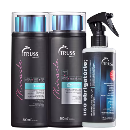 A imagem mostra três produtos da marca TRUSS, com dois frascos pretos de shampoo e condicionador da linha Miracle, com detalhes em azul e rosa claro, e do lado direito, um borrifador plástico preto com fundo azulado.