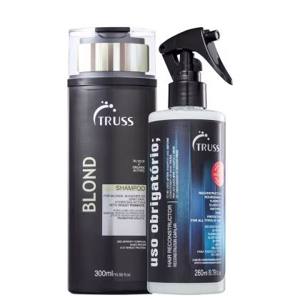 A imagem mostra um kit com dois produtos da marca TRUSS. O primeiro é um shampoo da linha Blond, com frasco de plástico preto com detalhes cromados e, o outro é um borrifador plástico preto com fundo azulado.
