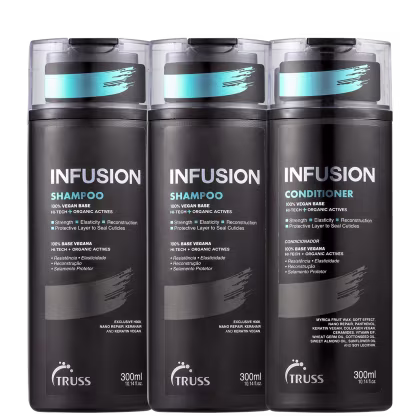 A imagem mostra três frascos de produtos da marca TRUSS. São dois frascos de shampoo e um de condicionador da linha Infusion. As embalagens trazem o nome da linha e tipo de produto em destaque, além de ativos, volumetria e logo da marca no rodapé.