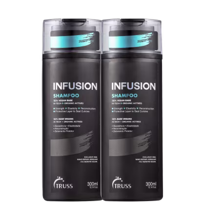 A imagem mostra um kit com 2 embalagens de produtos da marca TRUSS. São dois frascos grandes de shampoo, compridos, com fundo preto, nome da linha e tipo de produto acima, em destaque. No rodapé, a logo da marca.
